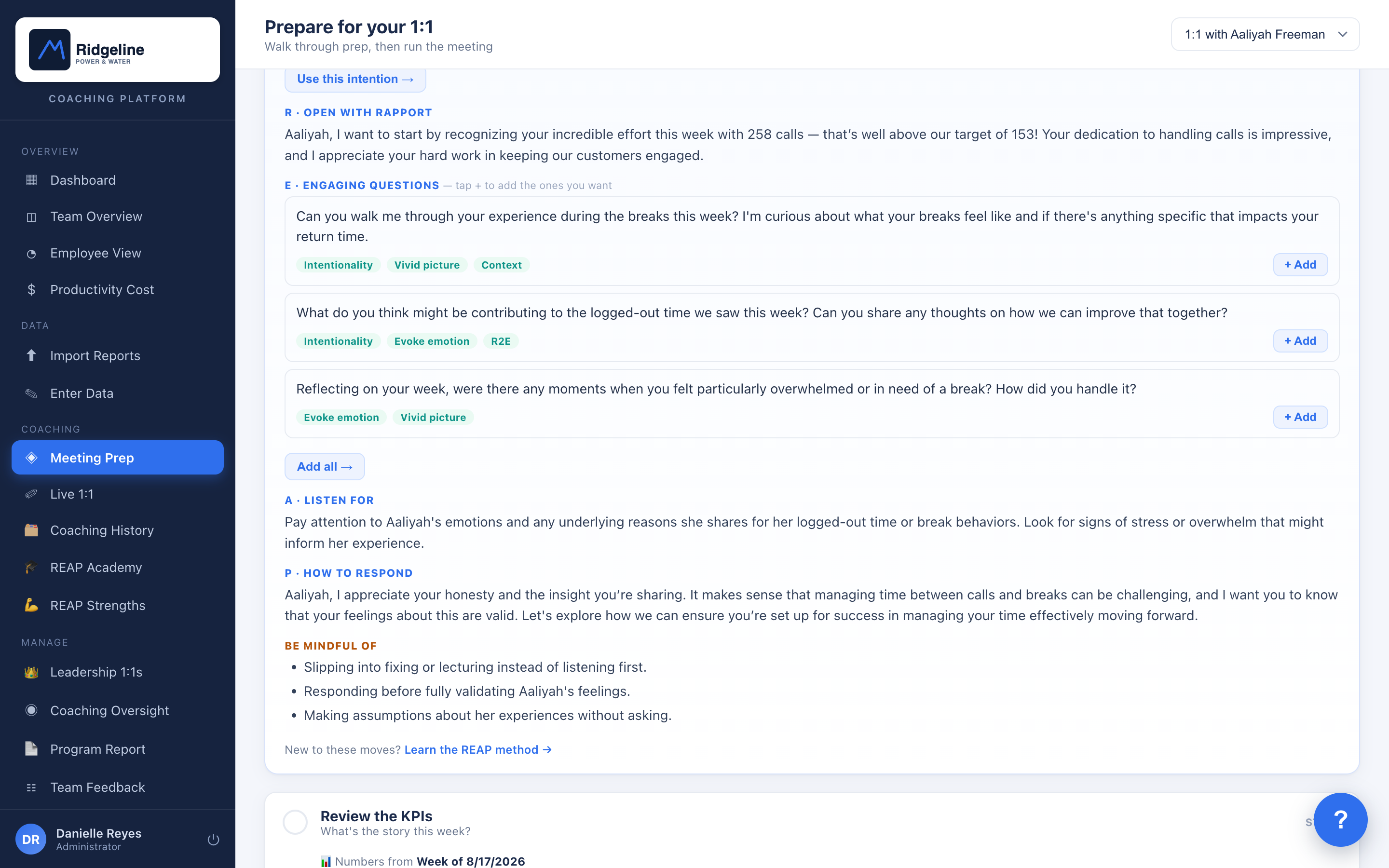AI Coaching Assist: a full REAP-grounded prep with rapport opener, tagged engaging questions, what to listen for, and how to respond