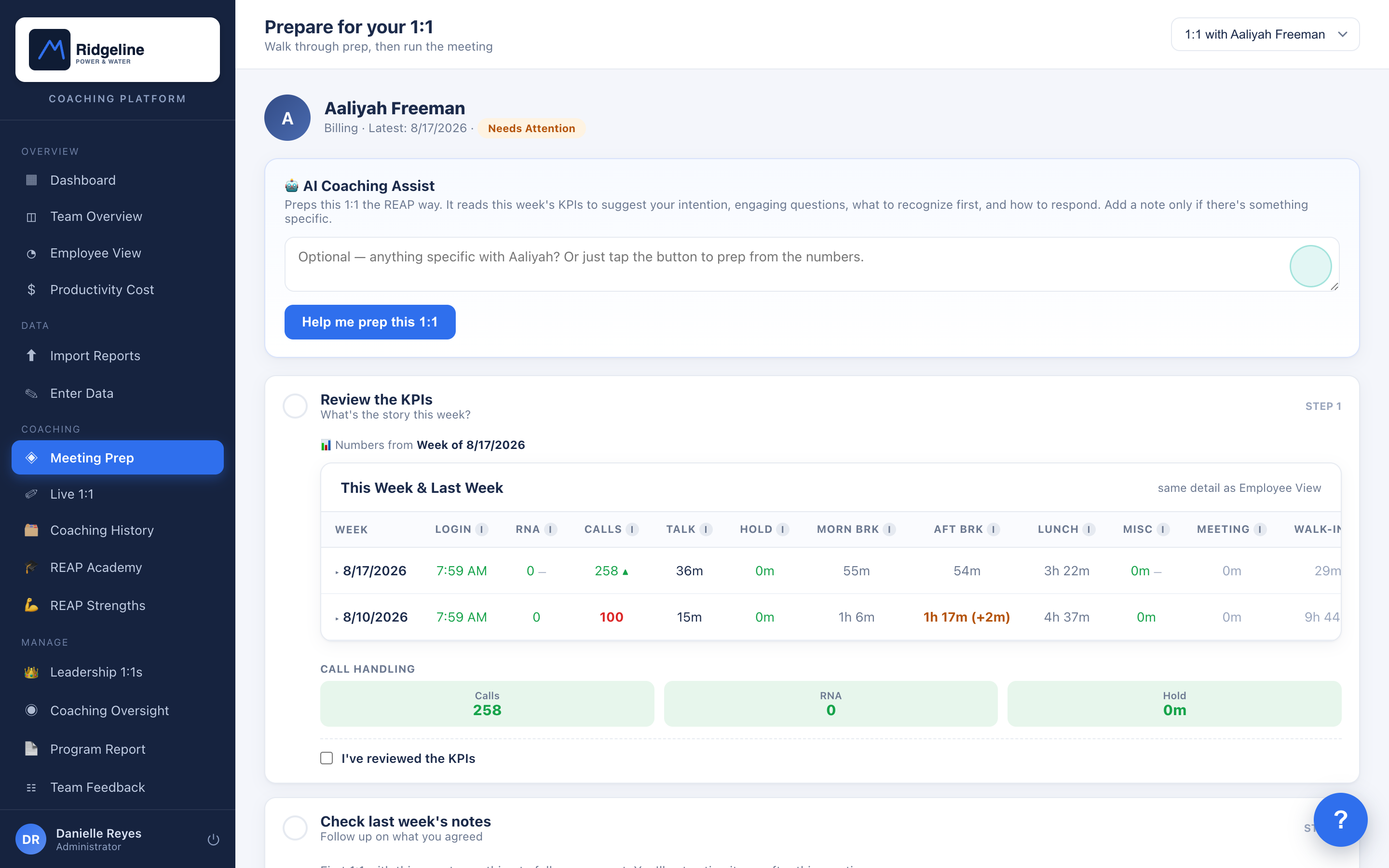 Guided 1:1 prep: the numbers, last week's action items, and your intention in one place